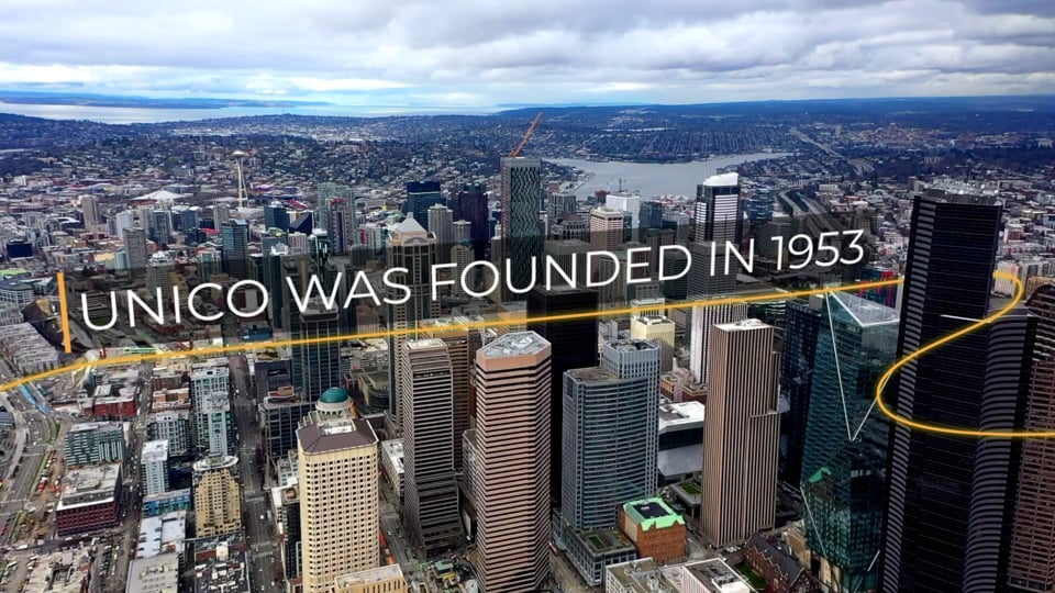 Brand story for Unico Solar — aerial Seattle skyline with motion graphics