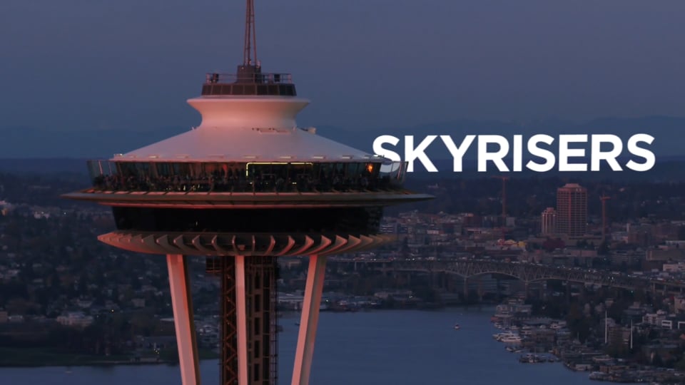 Space Needle Skyrisers campaign film — dusk aerial over Seattle